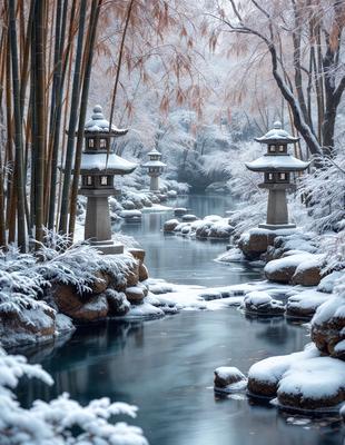 The primary subject of the image is a serene scene featuring a small stream surrounded by rocks and snow. The stream is lined with several small pagoda-like structures, creating a peaceful and picturesque atmosphere. The setting appears to be a winter landscape, with snow covering the ground and the pagoda structures. The visual style of the image is a photo, capturing the beauty of the winter landscape and the pagoda structures. The colors and mood of the image are predominantly white and cold, reflecting the wintry environment